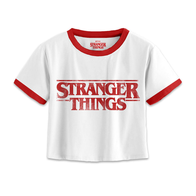 Stranger Things - Distressed Logo - Super Heroes Collection - LadiesÂ  White Cropped T-shirt