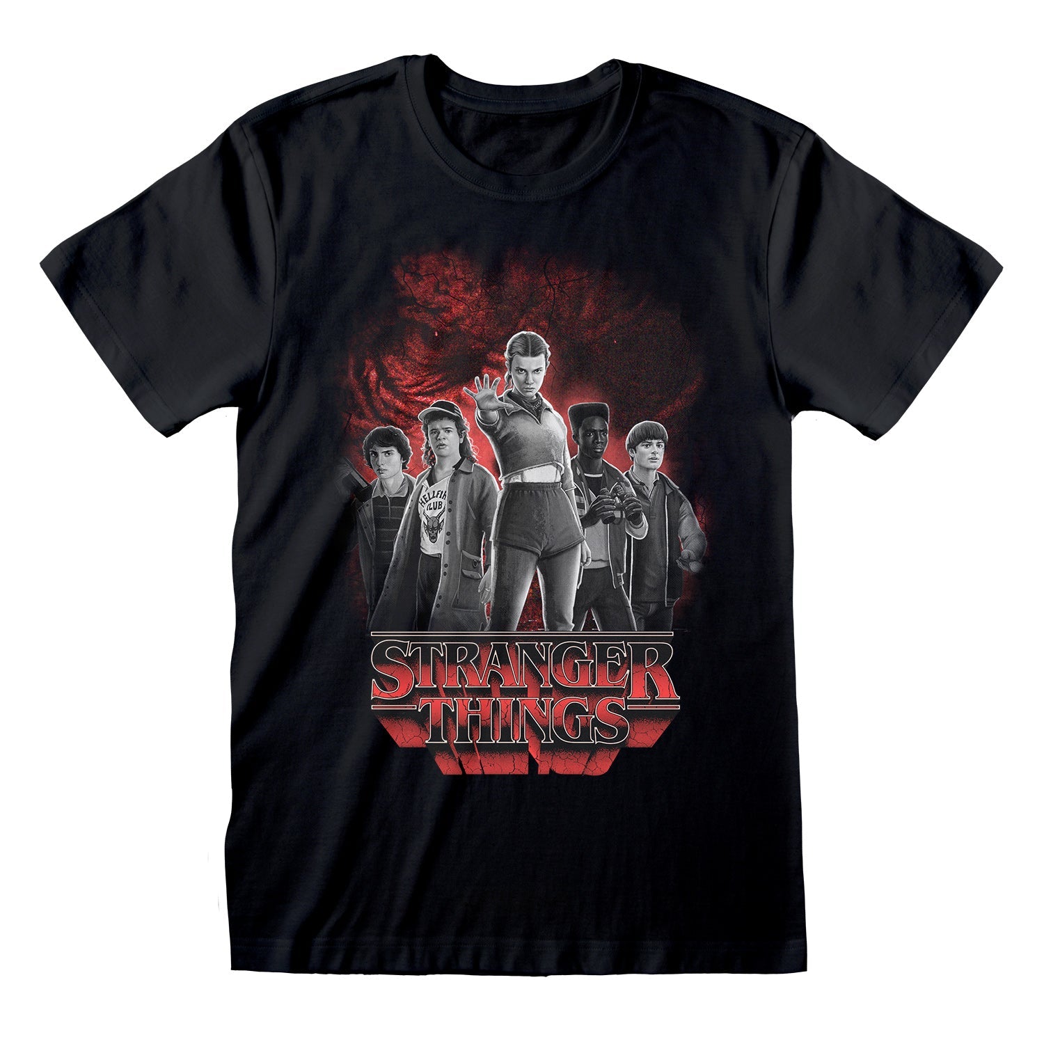 STRANGER THINGS - GROUP WITH VECNA BEHIND BW T-SHIRT